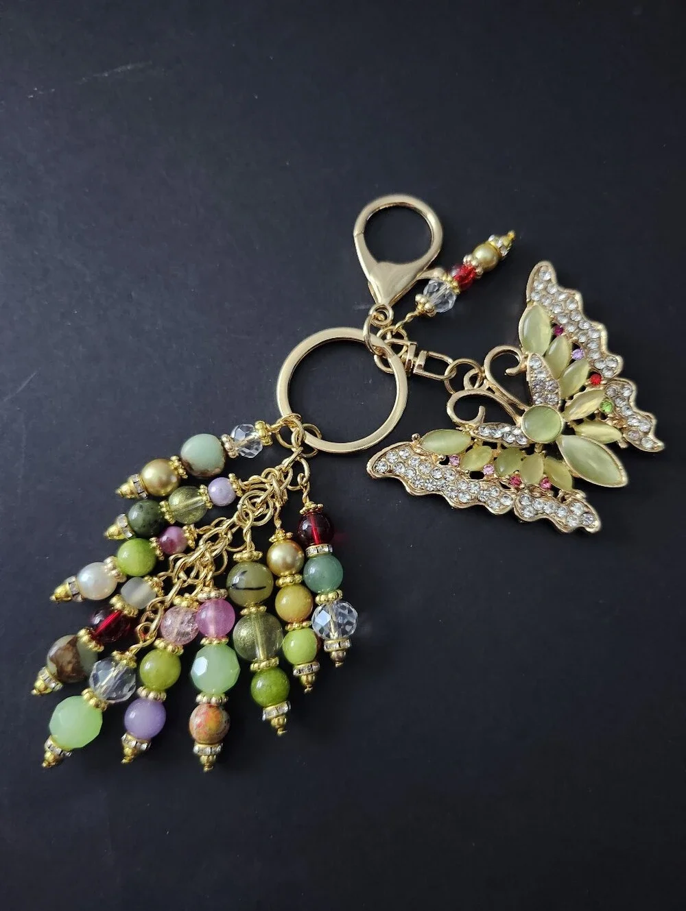 Butterfly Purse Charm Rhinestone Jade Imperial Jasper Aventurine Handcrafted